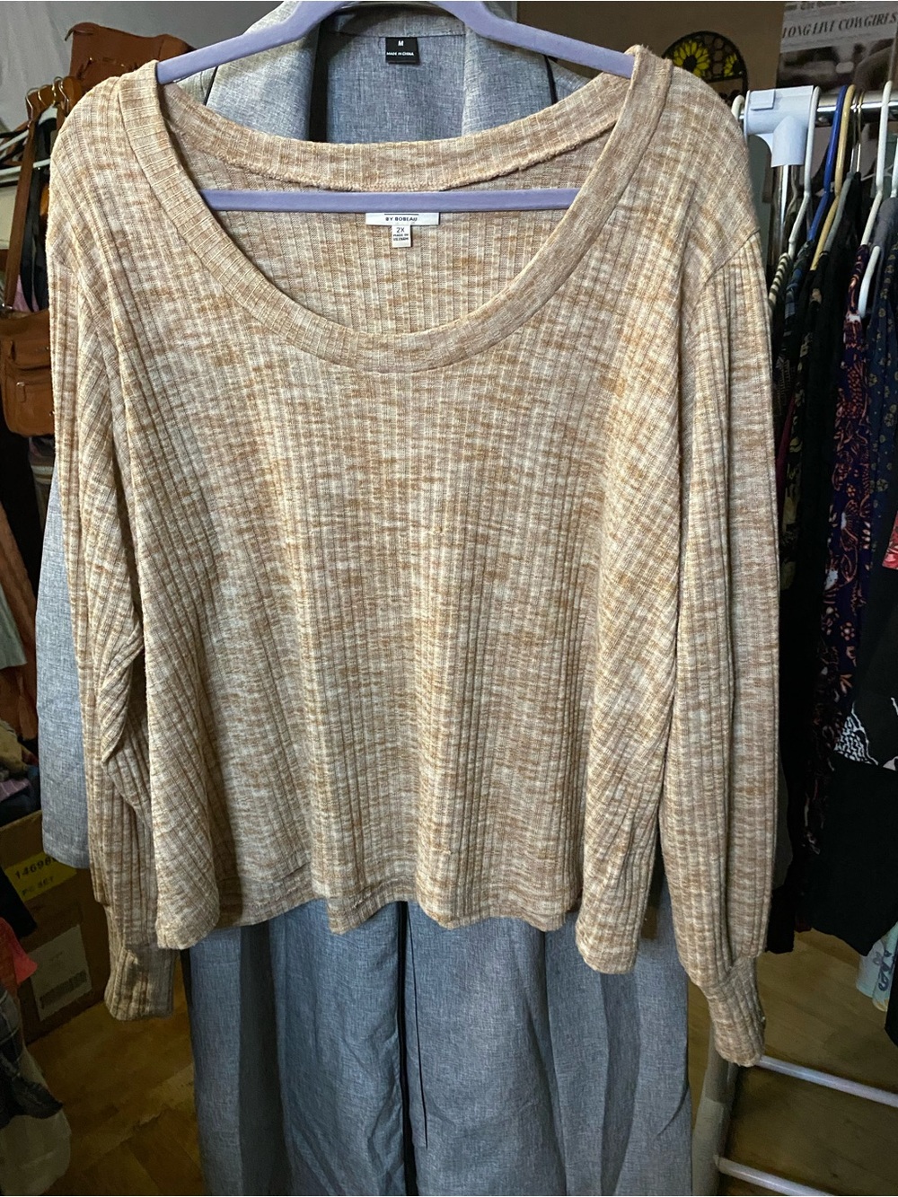bobeau Beige Ribbed Scoop Neck Long Sleeve Top